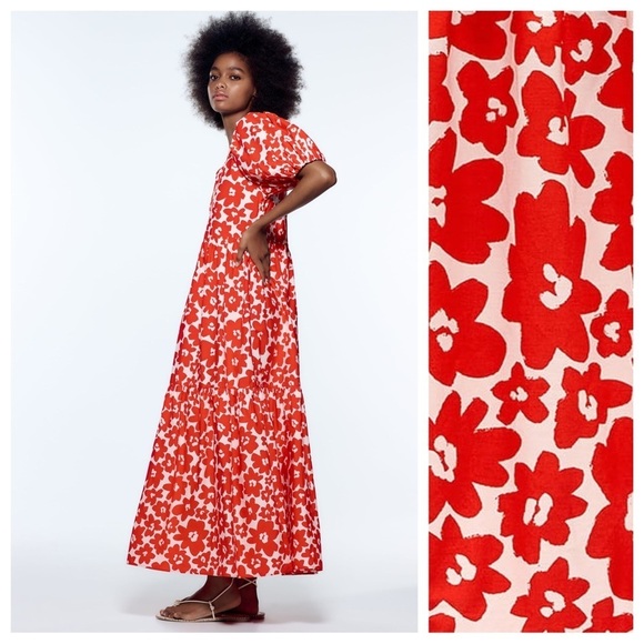 NWT. Zara Red Poplin Floral Print V-neck Midi Dress. Size XS. - Picture 3 of 10